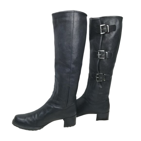 Stuart Weitzman Tall Black Leather Buckle Heeled Riding Boots size 8.5 - Picture 11 of 15